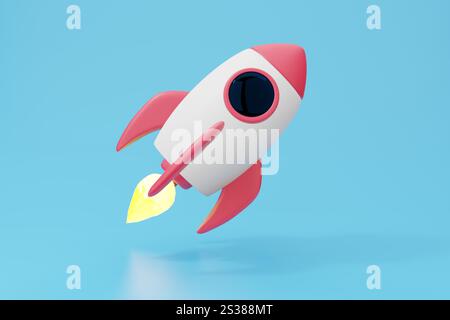 Dessin animé Rocket 3D illusion. Vaisseau spatial rouge blanc voler dans l'espace. Banque D'Images