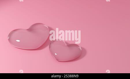 Couple de coeurs en verre transparent sur fond rose. Symbole d'amour pour le mariage ou la Saint-Valentin. Banque D'Images