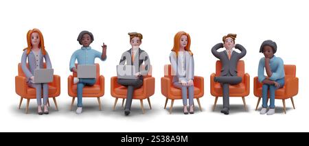 Collection de travailleurs 3d assis dans un fauteuil et travaillant sur un ordinateur portable. Homme américain travaillant depuis le bureau. Homme d'affaires au travail. Vecteur coloré Banque D'Images