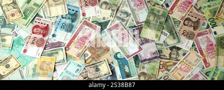 Beaucoup de billets de monnaie différente. Fond de grande quantité de factures d'argent aléatoires en gros plan. Beaucoup de billets de monnaie différente. Arrière-plan de Banque D'Images