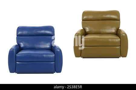 fauteuils de luxe bleus et bruns isolés sur fond blanc. fauteuils de luxe bleus et marron isolés Banque D'Images