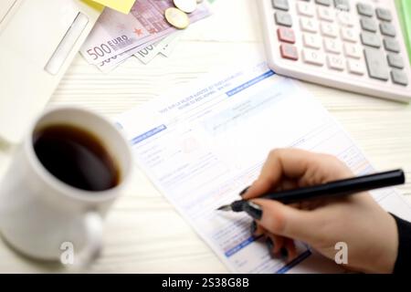 Le comptable remplit le formulaire fiscal français 10963 taxe sur la valeur ajoutée et taxes similaires en fin de période fiscale. Fiscalité et paperasserie en France. Comptable Banque D'Images