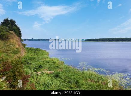 Rushy d'été avec vue sur le lac et petit village sur l'autre rive Banque D'Images