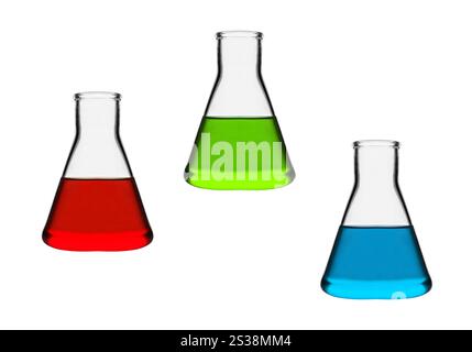 Flacons de laboratoire chimique avec liquide vert, bleu et rouge Banque D'Images