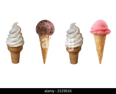 Quatre cônes de crème glacée différents avec des saveurs de vanille, chocolat et fraise isolés sur un fond blanc. Variété de cônes de crème glacée isolés sur Banque D'Images