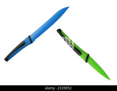 couteaux en céramique bleu et vert isolés sur blanc Banque D'Images