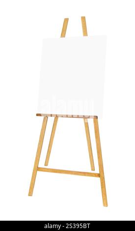 Support de peinture chevalet en bois avec panneau d'affiche en toile vierge isolé Banque D'Images