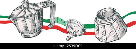Illustration de moka italienne, Espresso traditionnel dessiné à la main sur le drapeau italien. Illustration vectorielle Illustration de Vecteur