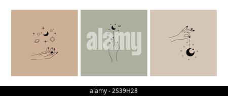 Logo féminin magique abstrait. Doigts féminins boho dessinés à la main avec étoiles, lune, planète. Illustration vectorielle mystique linéaire Illustration de Vecteur