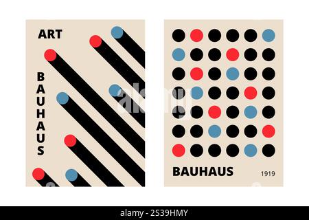 Ensemble d'affiches géométriques Bauhaus. Décoration art rétro, formes simples rondes, disposition plate hipster. Illustration vectorielle Illustration de Vecteur