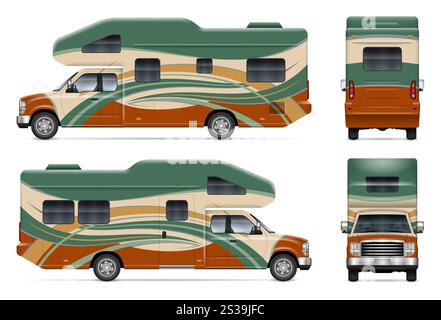 Maquette vectorielle d'enveloppement de camping-car de RV sur blanc pour la marque de véhicule, l'identité d'entreprise. Vue latérale, avant et arrière Illustration de Vecteur