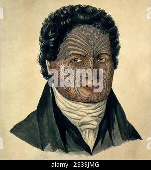 Portrait du chef maori néo-zélandais, le chef te Pehi Kupe, peint lors de sa visite en Angleterre en 1824. Te Pehi était de descendance Ngati Toa. Banque D'Images