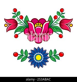 Art folklorique polonais de Zalipie vecteur floral long ensemble de motifs - motif avec des fleurs et des feuilles Illustration de Vecteur