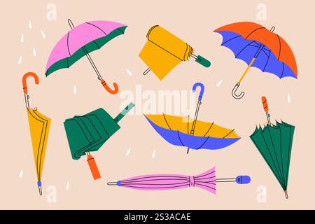 Parapluies abstraits. Ensemble de parapluies dessinés à la main, parasol ouvert, plié, accessoire pour les jours de pluie. Art vectoriel minimal Illustration de Vecteur