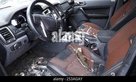 Riesenglück für den Fahrer eines SUV auf der Märkische Straße à Wuppertal. Der schwere Schnee verursacht Schneebruch. Kurz bevor der Fahrer zu seinem auto gelangte, krachte ein Baum auf sein auto, durchbohrte die Frontscheibe und blieb zentimetertief im Fahrersitz stecken. Eine person auf dem Fahrersitz hätte das Unglück wohl kaum überlebt. Tief Charly bringt den Winter ins Wuppertal. über Nacht sind bis zu 10 cm Neuschnee gefallen. für das Rheinland reichte es nur für eine dünne Schneedecke, einige Höhenmeter weiter oben sind hingegen mehrere Zentimeter Neuschnee gefallen. Dans l'entrepôt de Wuppertal Banque D'Images