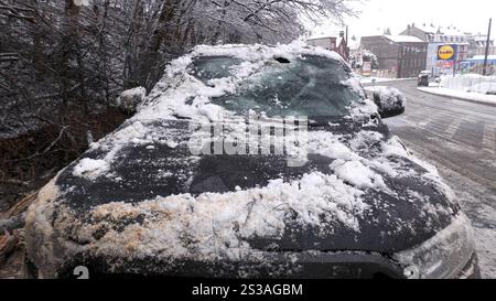 Riesenglück für den Fahrer eines SUV auf der Märkische Straße à Wuppertal. Der schwere Schnee verursacht Schneebruch. Kurz bevor der Fahrer zu seinem auto gelangte, krachte ein Baum auf sein auto, durchbohrte die Frontscheibe und blieb zentimetertief im Fahrersitz stecken. Eine person auf dem Fahrersitz hätte das Unglück wohl kaum überlebt. Tief Charly bringt den Winter ins Wuppertal. über Nacht sind bis zu 10 cm Neuschnee gefallen. für das Rheinland reichte es nur für eine dünne Schneedecke, einige Höhenmeter weiter oben sind hingegen mehrere Zentimeter Neuschnee gefallen. Dans l'entrepôt de Wuppertal Banque D'Images