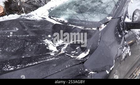 Riesenglück für den Fahrer eines SUV auf der Märkische Straße à Wuppertal. Der schwere Schnee verursacht Schneebruch. Kurz bevor der Fahrer zu seinem auto gelangte, krachte ein Baum auf sein auto, durchbohrte die Frontscheibe und blieb zentimetertief im Fahrersitz stecken. Eine person auf dem Fahrersitz hätte das Unglück wohl kaum überlebt. Tief Charly bringt den Winter ins Wuppertal. über Nacht sind bis zu 10 cm Neuschnee gefallen. für das Rheinland reichte es nur für eine dünne Schneedecke, einige Höhenmeter weiter oben sind hingegen mehrere Zentimeter Neuschnee gefallen. Dans l'entrepôt de Wuppertal Banque D'Images