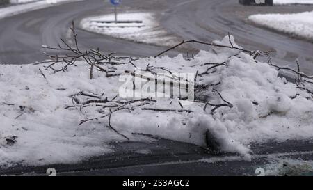 Riesenglück für den Fahrer eines SUV auf der Märkische Straße à Wuppertal. Der schwere Schnee verursacht Schneebruch. Kurz bevor der Fahrer zu seinem auto gelangte, krachte ein Baum auf sein auto, durchbohrte die Frontscheibe und blieb zentimetertief im Fahrersitz stecken. Eine person auf dem Fahrersitz hätte das Unglück wohl kaum überlebt. Tief Charly bringt den Winter ins Wuppertal. über Nacht sind bis zu 10 cm Neuschnee gefallen. für das Rheinland reichte es nur für eine dünne Schneedecke, einige Höhenmeter weiter oben sind hingegen mehrere Zentimeter Neuschnee gefallen. Dans l'entrepôt de Wuppertal Banque D'Images