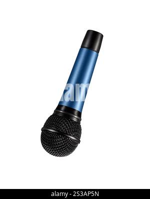 microphone bleu avec fil noir isolé sur blanc. microphone bleu avec fil noir Banque D'Images