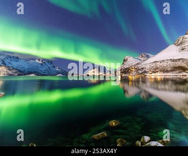 L'impressionnant spectacle des aurores boréales danse à travers le ciel nocturne, projetant des verts et des violets vibrants sur un paysage tranquille. Banque D'Images