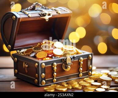 Illustration représentant le concept de trésor et de richesse cachée, avec un coffre au trésor rempli de pièces d'or et de bijoux. Parfait pour les sujets Banque D'Images