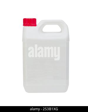 Récipient en plastique blanc avec bouchon bleu isolé sur fond blanc. Récipient en plastique blanc avec bouchon bleu Banque D'Images