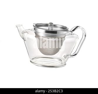 Théière en verre sur fond blanc. Théière en verre Banque D'Images
