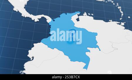 Blue Colombia carte 3d avec aiguille de pointeur entouré d'autres pays en blanc. Carte politique avec frontières. illustration de rendu 3d. Banque D'Images