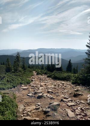 Le sentier de la route de montagne mène au paysage pittoresque de fond avec vue sentier de randonnée Hoverla dans les Carpates Banque D'Images