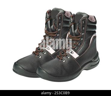 Les bottes hautes en cuir noir isolées sur fond blanc. Les bottes hautes en cuir noir Banque D'Images