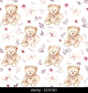 Motif aquarelle sans couture avec ours en peluche, enveloppes et fleurs. L'illustration est dessinée à la main. Le dessin convient à la décoration des chambres d'enfants, des cadeaux, des vacances Banque D'Images