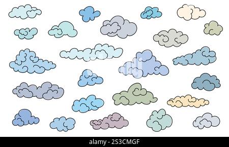 Ensemble de nuages de contour en style dessin au trait. Illustration vectorielle simple. Illustration de Vecteur
