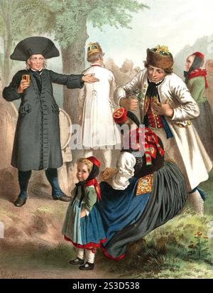 Costumes en Allemagne vers 1820, province de Coire-Hesse, sur le Schwalm, reproduction retouchée numériquement d'un modèle d'environ 1850, par Albert Kretschmer (27 février 1825 - 11 juillet 1891), peintre allemand et expert costumier, Trachten in Deutschland um 1820, Provinz Coire-Hessen, an der Schwalm, digital retuschierte Reproduktion einer Vorlage aus CA 1850, von Albert Kretschmer (27 février 1825 - 11. Juillet 1891), deutscher Maler und Kostümkundler Banque D'Images