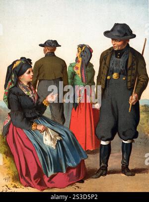 Costumes en Allemagne vers 1820, Bohême, district d'Eger, retouchée numériquement reproduction d'un modèle d'environ 1850, par Albert Kretschmer (27 février 1825 - 11 juillet 1891), peintre allemand et expert en costumes, Trachten in Deutschland um 1820, Böhmen, Kreis Eger, digital retuschierte Reproduktion einer Vorlage aus CA 1850, von Albert Kretschmer (27. Février 1825 - 11. Juillet 1891), deutscher Maler und Kostümkundler Banque D'Images