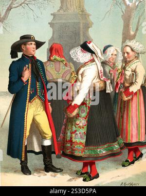 Costumes en Allemagne vers 1820, Bohême, district de Pilsen, retouchée numériquement reproduction d'un modèle d'environ 1850, par Albert Kretschmer (27 février 1825 - 11 juillet 1891), peintre allemand et expert en costumes, Trachten in Deutschland um 1820, Böhmen, Kreis Pilsen, digital retuschierte Reproduktion einer Vorlage aus CA 1850, von Albert Kretschmer (27. Février 1825 - 11. Juillet 1891), deutscher Maler und Kostümkundler Banque D'Images