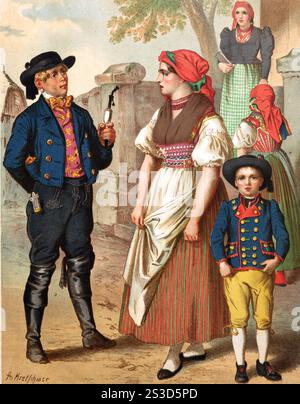 Costumes en Allemagne vers 1820, Bohême, Haid, reproduction retouchée numériquement d'un modèle d'environ 1850, par Albert Kretschmer (27 février 1825 - 11 juillet 1891), peintre allemand et expert en costumes, Trachten in Deutschland um 1820, Böhmen, digital retuschierte Reproduktion einer Vorlage aus CA 1850, von Albert Kretschmer (27. Février 1825 - 11. Juillet 1891), deutscher Maler und Kostümkundler Banque D'Images