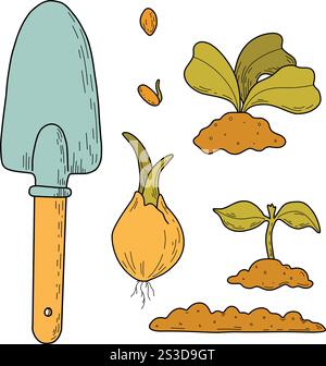 Jardin. Grand ensemble d'illustrations vectorielles de l'agriculture. Outils de jardin, collection de ménage. Cultiver des légumes. Plantes de serre de printemps, semis Illustration de Vecteur