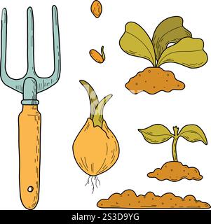 Jardin. Grand ensemble d'illustrations vectorielles de l'agriculture. Outils de jardin, collection de ménage. Cultiver des légumes. Plantes de serre de printemps, semis Illustration de Vecteur