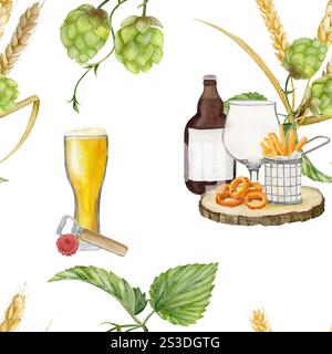 Motif aquarelle avec verre pour la bière, seau à collation de frites et oignons, bouteille de bière, malt et houblon, ouvre-bouteille en acier Banque D'Images