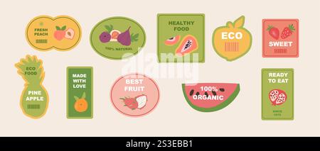 Étiquettes de fruits écologiques colorées pour les produits biologiques et naturels. Illustration de Vecteur