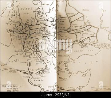 Une vieille carte montrant les mouvements de troupes en Europe au début des années 1940 -Ancienne carte présente les mouvements de troupes en Europe au début des années 1940. -Alte Karte, die Truppenbewegungen in Europa in den frühen 1940er Jahren zeigt. - Banque D'Images