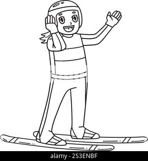 Pull de ski pour femme portant un casque de couleur isolée Illustration de Vecteur