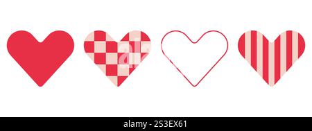 Ensemble d'icônes de symbole de coeur, rouge rose design plat classique, forme de logo, contour de contour, éléments isolés à carreaux et rayures. Fond blanc Illustration de Vecteur
