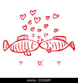 Icône de gribouillage dessinée à la main de deux poissons embrassant avec des coeurs flottant comme des bulles. Illustration de Vecteur