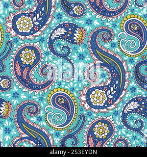 Motif sans couture avec motifs Paisley bleus Illustration de Vecteur