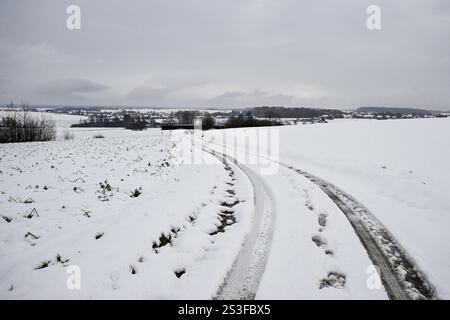 Bertem, Belgique. 09 janvier 2025. Un paysage enneigé comme la Belgique a un temps hivernal enneigé aujourd'hui, à Bertem, jeudi 09 janvier 2025. BELGA PHOTO DIRK WAEM crédit : Belga News Agency/Alamy Live News Banque D'Images