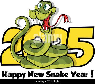 2025 conception du logo Snake. Nouvel an chinois 2025. Serpent de bande dessinée vert amusant dans un style comique. Vecteur sur fond transparent Illustration de Vecteur