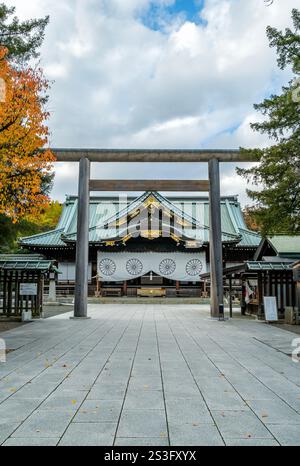 Entrée du sanctuaire Yasukuni avec de grandes portes Torii en bois et une avenue bordée d'arbres ginko Banque D'Images