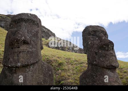 Moai (statues monolithiques) à Rano Raraku, la carrière où la plupart ont été sculptées sur l'île de Pâques. Banque D'Images