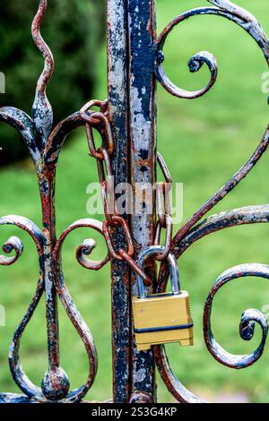Gros plan d'une porte en fer forgé usée avec chaîne rouillée et nouveau cadenas Banque D'Images
